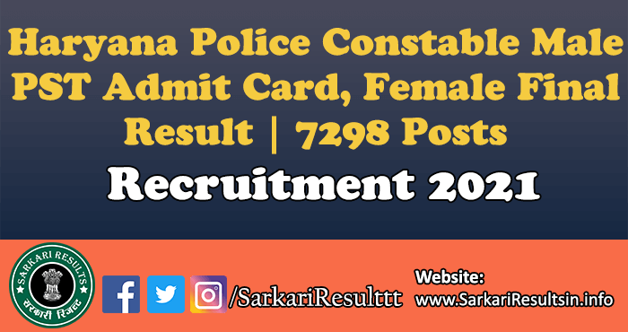 Haryana Police Constable Male PST Admit Card, Female Final Result 2021