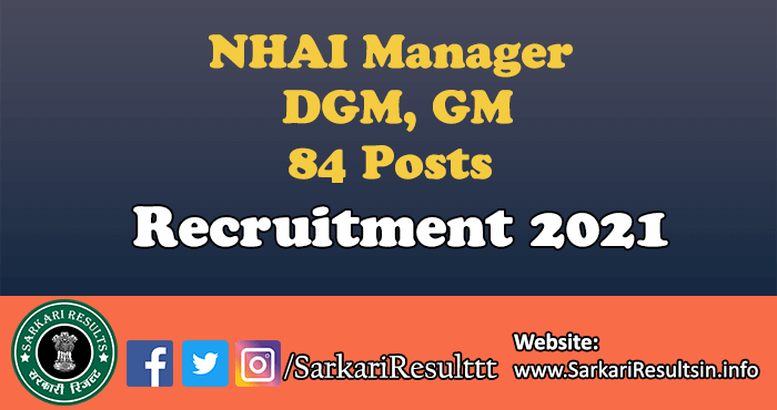 NHAI Manager DGM, GM Recruitment  2021