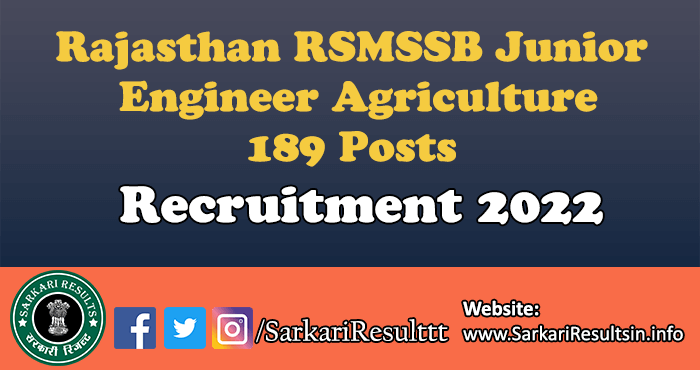 Rajasthan RSMSSB Junior Engineer Agriculture Recruitment 2022